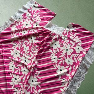 Pink and White Floral Striped Vintage Caftan with Lace Trim